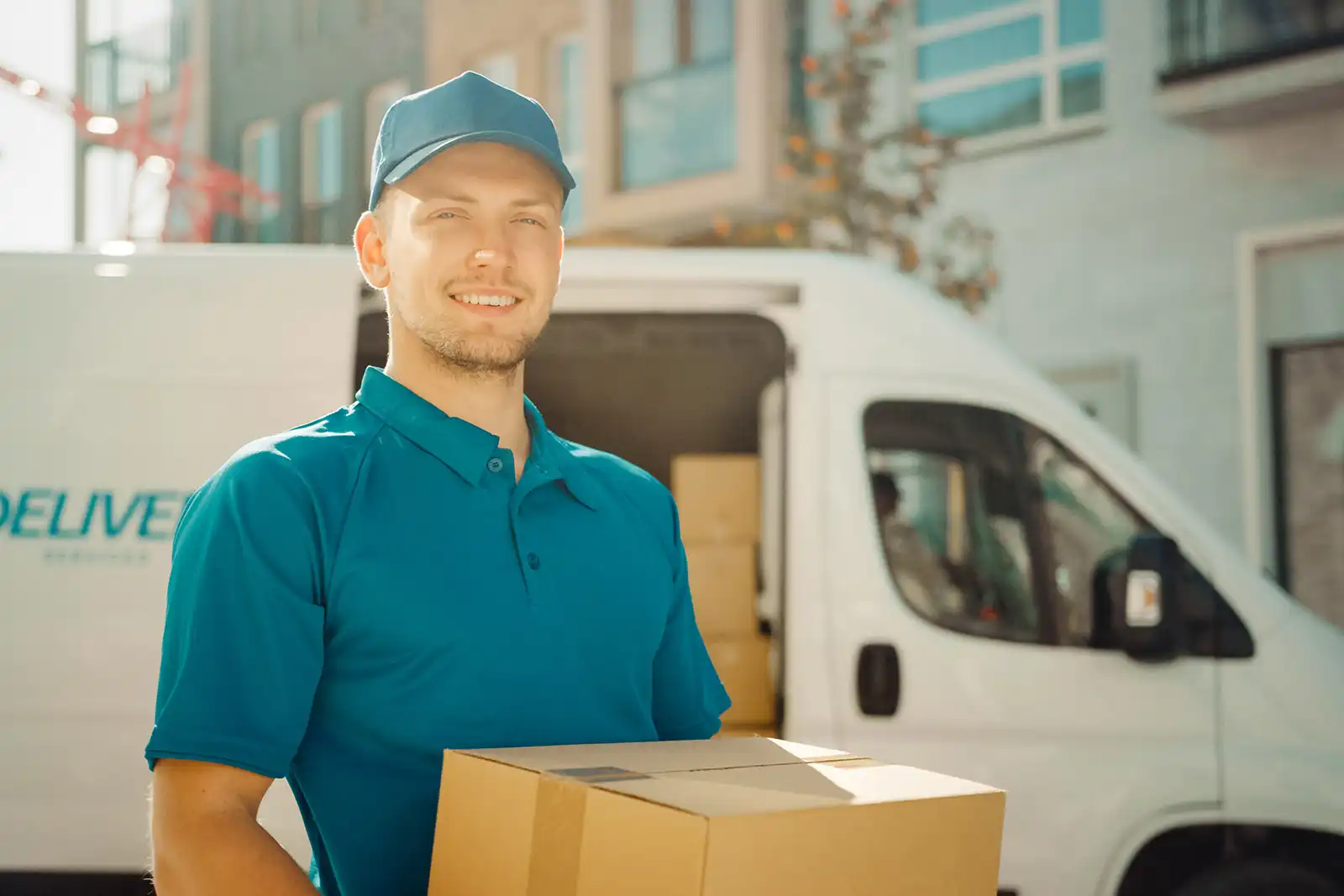 Lieferant mit Paket steht vor einem Transportfahrzeug